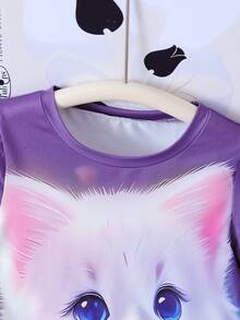 Girls' Casual Elegant Breathable Cat & Floral Print 3D T-Shirt Dress, Suitable For Everyday, Vacation, Party, Graduation, Back To School, Christmas - Multicolor - View 4