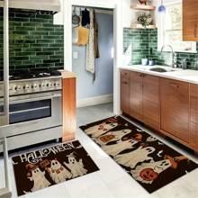 Halloween Ghost Pumpkin Kitchen Rug Set, Non-Slip Backing, Machine Washable, Polyester Bat, Ghost, Pumpkin Doormat, Suitable For Home Kitchen Decor, Short Plush Holiday Mat, Applicable For Thanksgiving, Christmas, Holiday Decoration