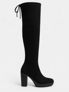 Women's Black Over-The-Knee Boots | Synthetic Suede | 10cm Thick Heel With Lace-Up | High Shaft Skin Style – 34 To 40 - 黑色 - 查看 3