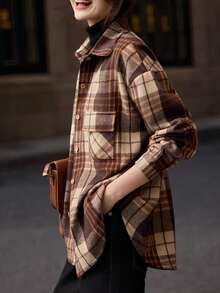 Vintage Brushed Thickened Layered Plaid Shirt, Long Sleeve Top For Spring & Autumn