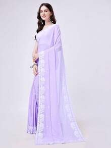 Women's Georgette Embroidery Border Work Designer Saree With Blouse Piece(Lilac) - Lila Púrpura - Ver 6