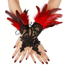 A Pair Of Gothic Lace Faux Feather Gloves For Halloween Ladies, Lace Cuffs, Wristbands, Cosplay, Wedding Party, Halloween Costume Decoration Accessories