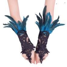 A Pair Of Gothic Lace Faux Feather Gloves For Halloween Ladies, Lace Cuffs, Wristbands, Cosplay, Wedding Party, Halloween Costume Decoration Accessories
