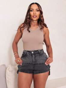 Shorts And Jeans Skirt With Small Side Slit - 黑色大理石紋 - 查看 4