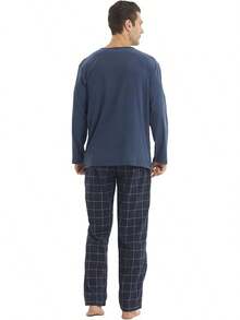 Pajamas For Men Set Long Sleeve Henley Microfleece Shirt Plaid Flannel Pants Comfy Pjs Sleepwear Plush Loungewearhalloween - Navy+Navy - View 2