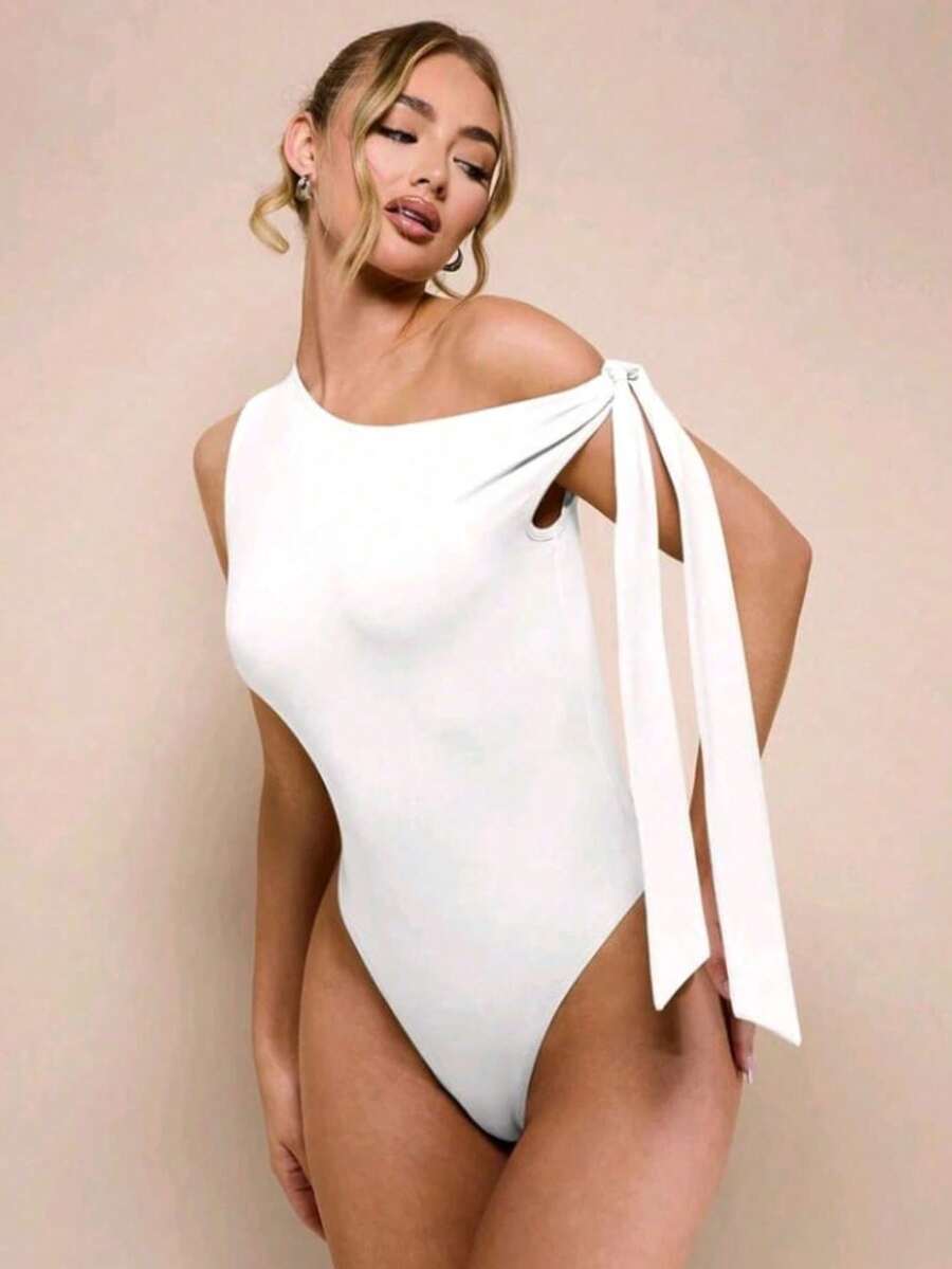 Women's Bodysuit With Tie Bow And Asymmetrical Neckline, Sleeveless, Ideal For Romantic Dates, Casual, Vacation And Summer - 白色 - 查看 1