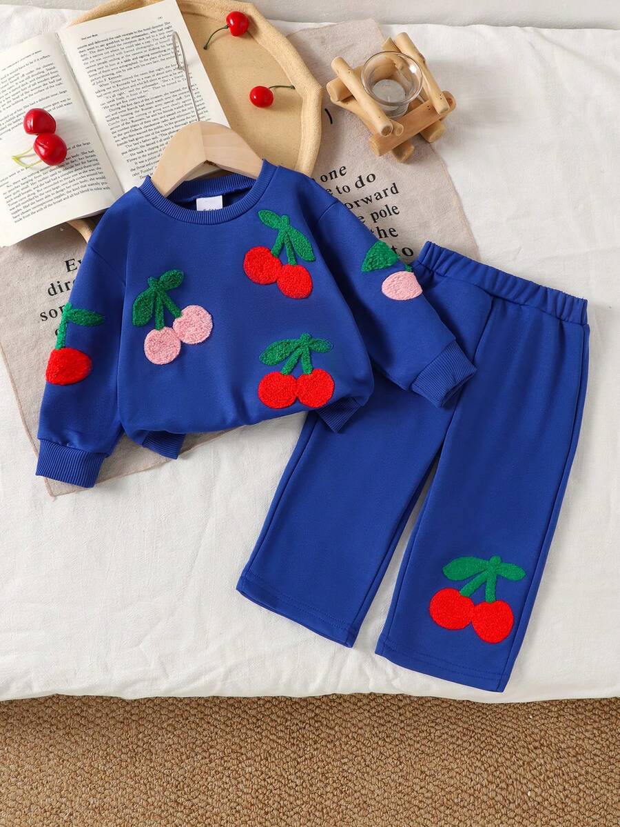 2 件女婴休闲可爱长袖运动衫 + 裤子套装，春秋 - 藍色 - 查看 1