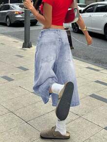 Y2K Street Vintage Jorts Washed Cat Whiskered Slant Pockets Wide Leg Bermuda Jeans Comfy Casual Vacation Denim Shorts Spring/Summer Cropped Trousers For Women - Bông tuyết chiên - Xem 2