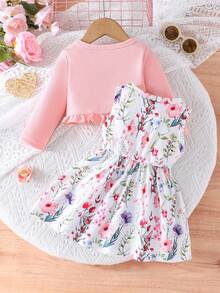 Toddler Baby Girl Sleeveless Dresses And Long Sleeve Ruffle Cardigan 2 Piece Fall Outfits 6-24 Months 1-3 Years - 粉色 - 查看 8