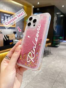 1 pieza Funda de teléfono con texto personalizable, líquido brillante y combinación de TPU y PC, suave y dura, compatible con modelos de teléfono Apple/Android, funda de teléfono con líquido en movimiento interesante para OPPO