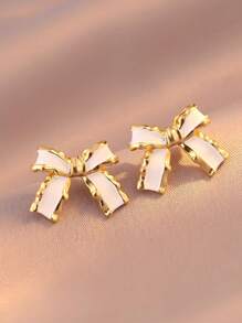 一对黑色蝴蝶结优雅耳环 - 白色 - 查看 1