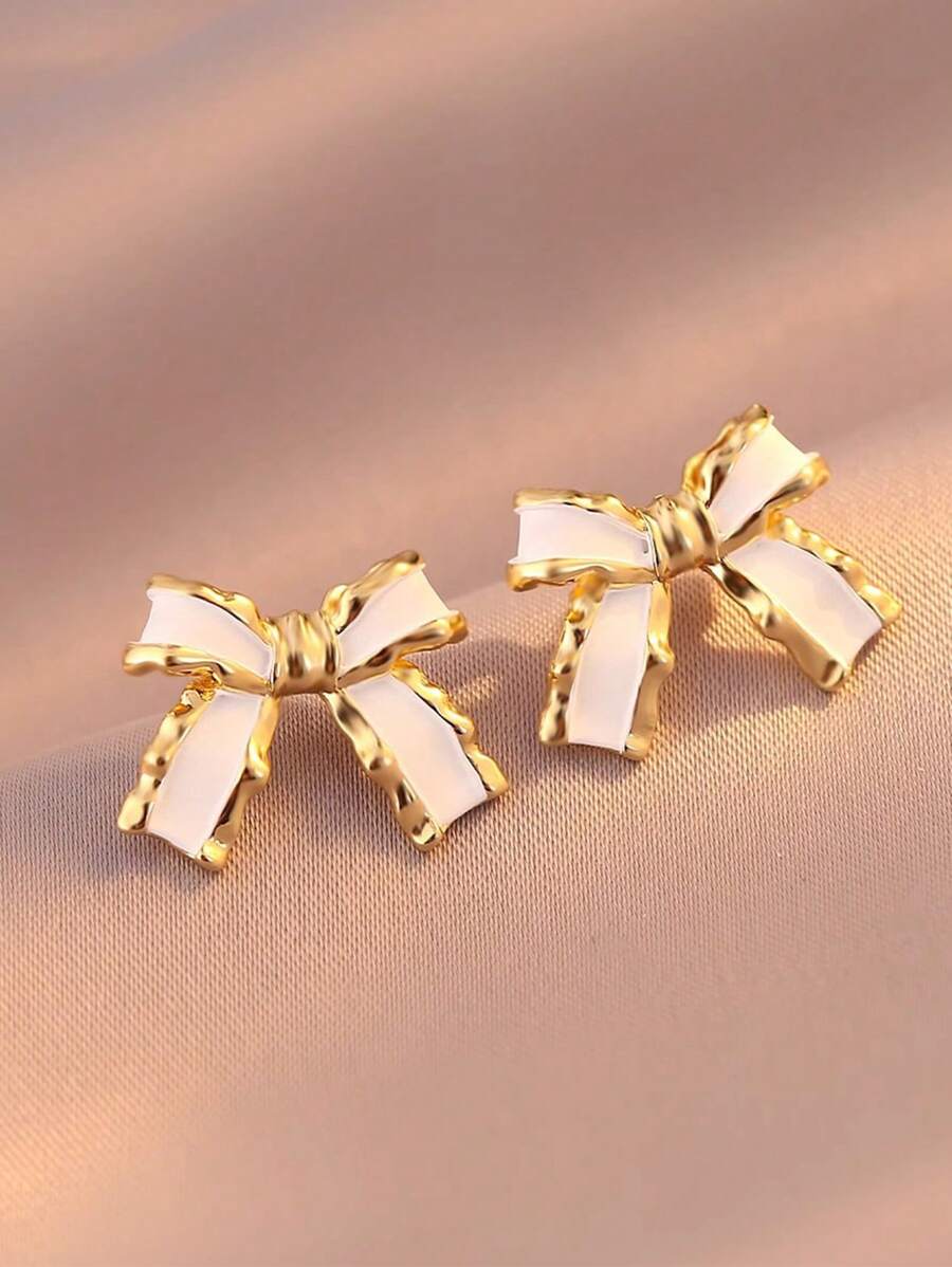 一对黑色蝴蝶结优雅耳环 - 白色 - 查看 1