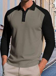 Men's Turn Down Collar T Shirts Fashionable Contrast Color Long Sleeve Tops For Business Daily