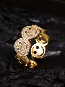 1 buc Inel decorativ minimalist la modă, rotund, cu față zâmbitoare, placat cu cupru, aur, zirconiu cubic, potrivit pentru ținute de petrecere pentru femei