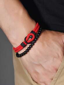 2pcs Men's Bracelet Set, Black Stone Elegant Men's Bracelet, Beaded Bracelet Strap With Powerful And Graceful Vibe, Suitable For Daily Stacking And Gift, Great For Friends - Two-piece Set Of Stones + Custom-made Buckle Bracelet - View 3