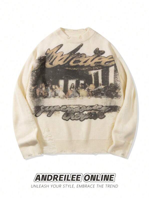 ANDREILEE Spring Autumn Winter New Men Street Fashion French Oil Painting Splatter Print Ripped Distressed Knitted Sweater, Casual Loose Fit Pullover