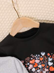 3 件套女童花卉印花圆领长袖 T 恤，儿童休闲上衣，多色，春秋 - 淺灰紫 - 查看 3