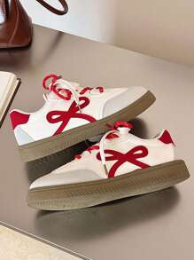 2025 Hot Selling Plus Size Women's Sneakers, 1 Pair PU Leather Sweet Bow Tie Flat Shoes, Red & White Contrast Color Versatile Breathable Casual Sneakers For Women, All Season. Please Refer To Size Chart As The Shoes Run Small. - Red - View 4