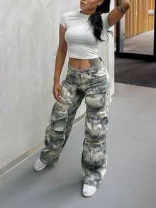 女士秋冬街头风格个性迷彩做旧多口袋工装裤全身印花休闲宽松直筒阔腿裤功能性适合音乐节、街舞男女通用迷彩裤