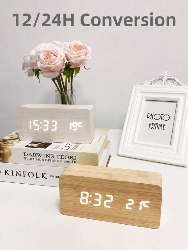 1PC Smart Life Wooden Clock Alarm Clocks For Bedroom Table Clock Home Electronics Device Decoration Snooze Morning Bedside Table Clock Voice Control Desk Digital Alarm Clock Home Decor Room Decor