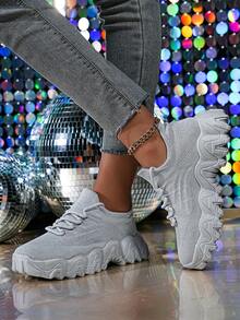 ​Women's Metallic Silver Wave Sole Sneakers - Distressed Jeans Night Glam Shoes With Reflective Comfort, Year-Round Street Chic Wear​ - Xám - Xem 4