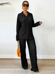 2pcs Women's Fashionable Pleated Shirt And Comfortable Wide-Leg Pants Set, Casual, Ladies Spring/Fall Casual Pocket, Zipper Long Sleeve Loose Blouse Pants Women Two-Piece Outfits, Casual Daily Wear - 黑色 - 查看 4