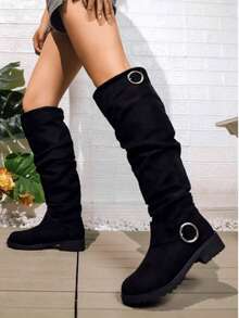Mid Autumn/Winter Suede Pile Boots Women's Western Cowboy Boots Women's Retro Boots New Knight Boots Retro Flat Western Belt Buckle Boots - 黑色 - 查看 3
