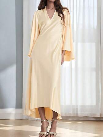 Women's Middle Eastern Robe Satin Long Sleeves Trumpet Sleeves Elegant Loose Dress