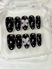 Summer Nails, Ten Medium-Length Almond-Shaped Pressed Fake Nails. Retro Sweet And Playful Style. Black Base Color Paired With Classic White Polka Dots. Hand-Painted Three-Dimensional Flowers Combined With Diamonds For A Gentle And Flattering Appearance. Removable And Reusable. Comes With Nail Polish Remover And Jelly Glue. Can Be Worn At Parties, Gatherings, Daily Life, Work, School, Etc. Suitable For Ladies And Girls. Pregnant Women Can Also Wear Them. - Black - View 3