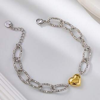 1pc Stainless Steel Heart-Shaped Color Block Bracelet, Fashionable Women's Daily Wear Bracelet, Ideal Birthday, Valentine's Day, Back To School Jewelry Gift