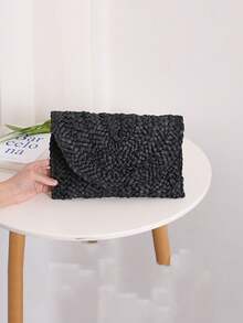 1个草编手拿包，女士夏季沙滩草编化妆包，翻盖信封手拿包，手工编织包，零钱包，女士钱包，手拿包，玉米皮包