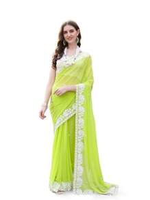 Women's Georgette Embroidery Border Work Designer Saree With Blouse Piece(Mint Green) - Mint Green - View 5