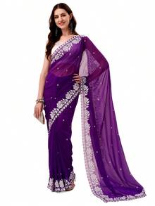 Women's Georgette Embroidery Border Work Designer Saree With Blouse Piece(Purple) - Purple - View 2