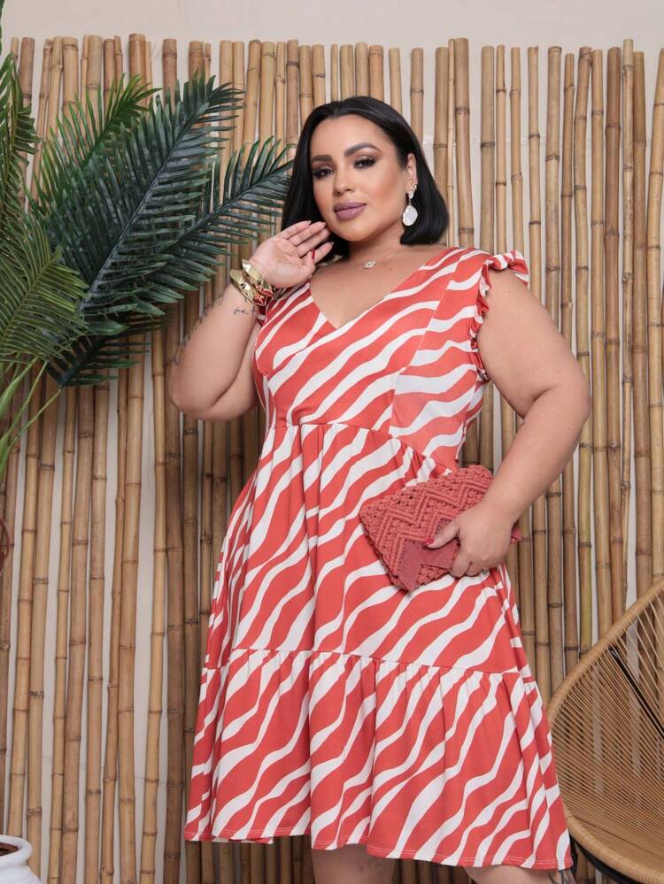 Plus Size Short Elegant And Casual Printed Dress - 亮橙色 - 查看 2