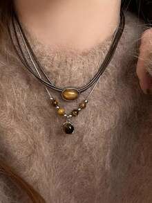 2pcs Vintage Tiger Eye Stone Necklace, Layered Leather Cord Design, Elegant For Daily Wear, Chic For Party, Delicate Focal Point On Collarbone