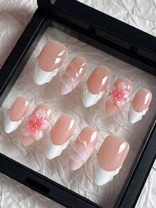 10Pcs Pure Handmade Press-On Nails, French Almond-Shaped 3D Nails, 3D Flower Nails, White French Fingertip Press-On Nails, 3D Wave Nails, Suitable For Ladies And Girls To Wear Daily Fake Nails Nail Supplies Nails Handmade Press On Nails - Pink - View 2