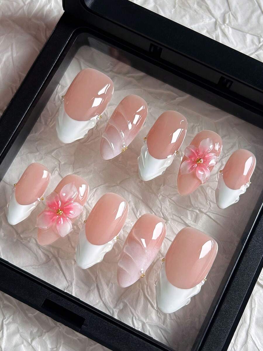 10Pcs Pure Handmade Press-On Nails, French Almond-Shaped 3D Nails, 3D Flower Nails, White French Fingertip Press-On Nails, 3D Wave Nails, Suitable For Ladies And Girls To Wear Daily Fake Nails Nail Supplies Nails Handmade Press On Nails