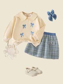 两件套女童时尚可爱圆领蝴蝶印花长袖卫衣和半身裙，柔软针织面料，充满节日气息，优雅休闲半身裙适合上学、聚会、派对、郊游，春夏秋季皆宜。 - 杏色 - 查看 1