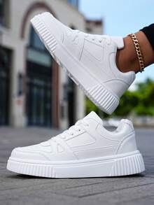 ​Women's White Stitch-Detail Comfort Sneakers - Gold Accent Urban Wear Shoes, Year-Round Everyday Lift With Secure Fit​ - 白色 - 查看 3