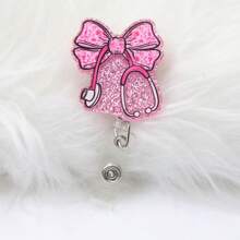 1pc Pink Glitter Floral Printed Bow Stethoscope Needle Tube Shaped Acrylic Retractable Badge Reel With Clip ID Badge Holder Badge Reel Gift For RN LPN CNA Nurse Doctor Assistant Medical Staff