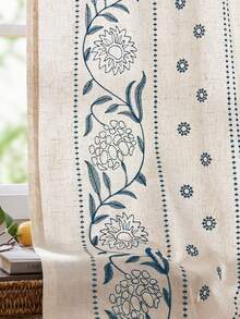 Vangao 2 Pcs Solid Color Embroidered Detail On Linen Fabric Curtains, Nice Quality Classy And Light Filtering Curtains, Great For Privacy While Still Allowing Light Through Curtains,Retro Rural Style Drapes Home Decoration - 藍色 - 查看 3