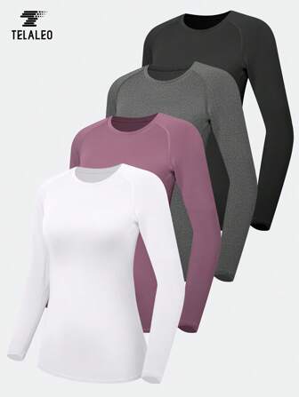 TELALEO Maglia sportiva a maniche lunghe a tinta unita da donna con collo rotondo e tessuto medio elasticizzato per il fitness
