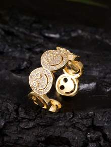 1 buc Inel decorativ minimalist la modă, rotund, cu față zâmbitoare, placat cu cupru, aur, zirconiu cubic, potrivit pentru ținute de petrecere pentru femei