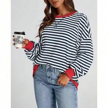 Womens Oversized Striped Sweatshirt Crewneck Long Sleeve Pullover Top Casual Y2K Spring Clothes 2026 Workout Shirt,Vacation Outfits Women,Valentine Outfits For Women,Street Photography - 海軍白 - 查看 7