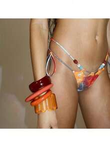 2025 Summer New Women's Fashion Retro Bohemian Style Printed Sexy Mesh Lace-Up Bikini Three-Piece Set - 彩色 - 查看 5