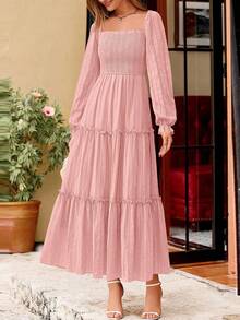 PRETTYGARDEN Women Elegant  Maxi Dresses For Fall Boho Long Sleeve Smocked A Line Ruffle  Wedding Guest Holiday Party Long Dress With Pockets New Years Valentine Vacation Spring Dresses For Women Vestidos Elegantes De Mujer - 粉色 - 查看 7