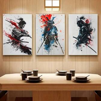 3 Juegos de Impresiones de Lienzo de Arte de Espada Samurái, Marcos de Madera Opcionales de Estilo Personalizado, Pinturas Abstractas de Samurái, Impresiones de Arte Interior, Adecuadas para Decoración del Hogar y Dormitorio, Muy Apropiadas para Decoración de Paredes de Sala de Estar, Dormitorio, Comedor