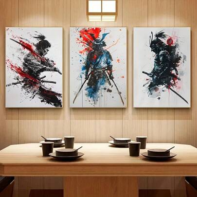 3 Sets Of Samurai Sword Art Canvas Prints, Optional Wooden Frame Personalized Style Murals, Abstract Samurai Paintings, Interior Art Prints, Suitable For Home And Dormitory Decoration, Very Suitable For Living Room, Bedroom, Dining Room Wall Decoration