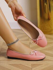 European & American Fashion Solid Color Ballet Bowknot Flat Shoes, Outdoor Spring/Autumn Ladies Flat Slip-On Soft Leather Soft Sole Shoes