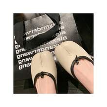 Sheepskin Version~ Genuine Leather Pig's Hoof Shoes Split Toe Shoes Women's Horse Hoof Flat Bottom Loafers Slip-On Shallow Mouth Ballet Flats Elegant Women's Shoes - 黑色 - 查看 3